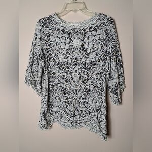 SOLITAIRE Floral Embroidered Scalloped Bohemian Tunic Blouse Size Large